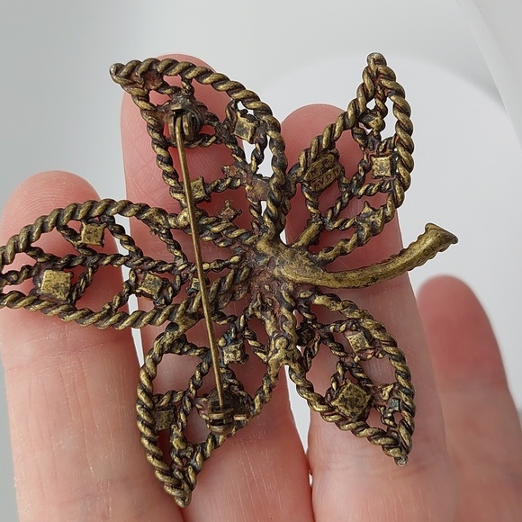 Avon NR Vintage Goldtone Green Yellow Topaz Rhinestone Leaf Brooch Pin Signed - Picture 6 of 8